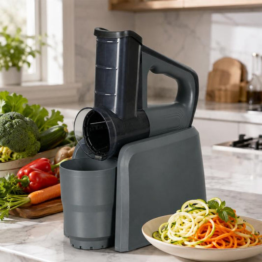 Electric fruit and vegetable slicer with large feed chute and dark gray base