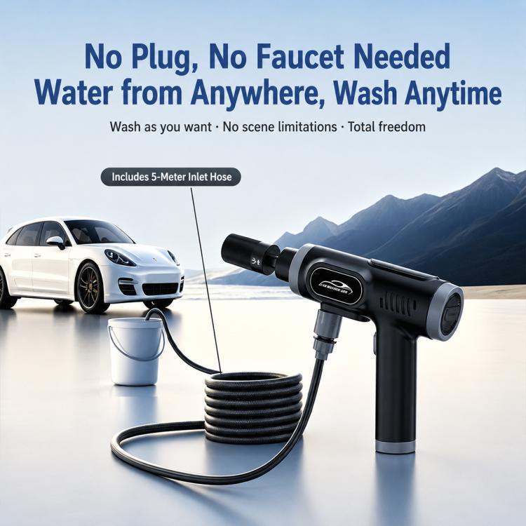 Black handheld car wash gun with attached coiled inlet hose