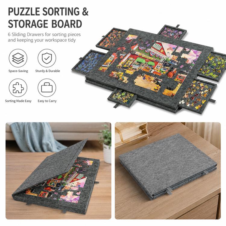 Portable Felt Puzzle Board Table with 6 Sorting Drawers for Kids, 77x53.6x3.5cm