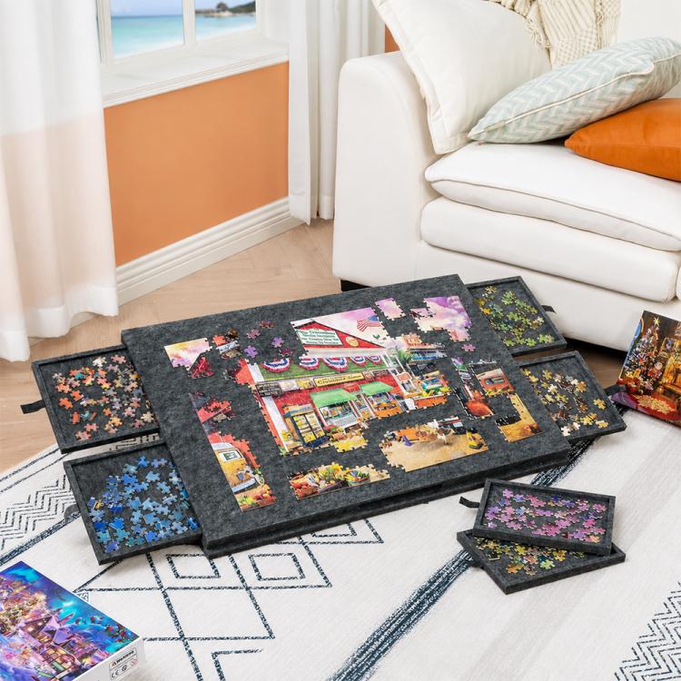 Portable Felt Puzzle Board Table with 6 Sorting Drawers for Kids, 77x53.6x3.5cm