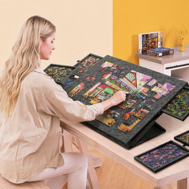 Portable Felt Puzzle Board Table with 6 Sorting Drawers for Kids, 77x53.6x3.5cm