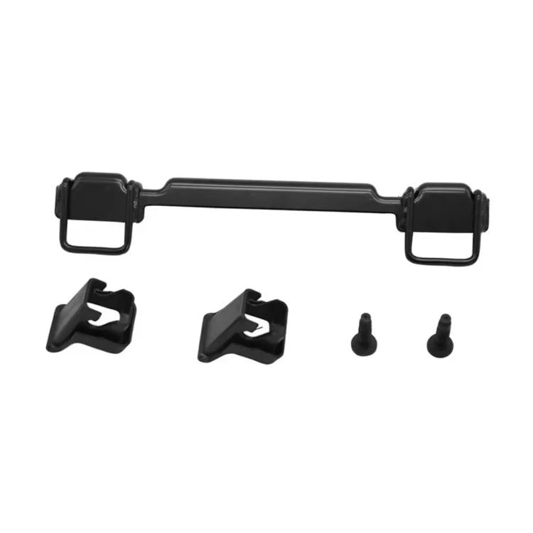 Black mounting bracket with two loop ends, plus plastic brackets and screws