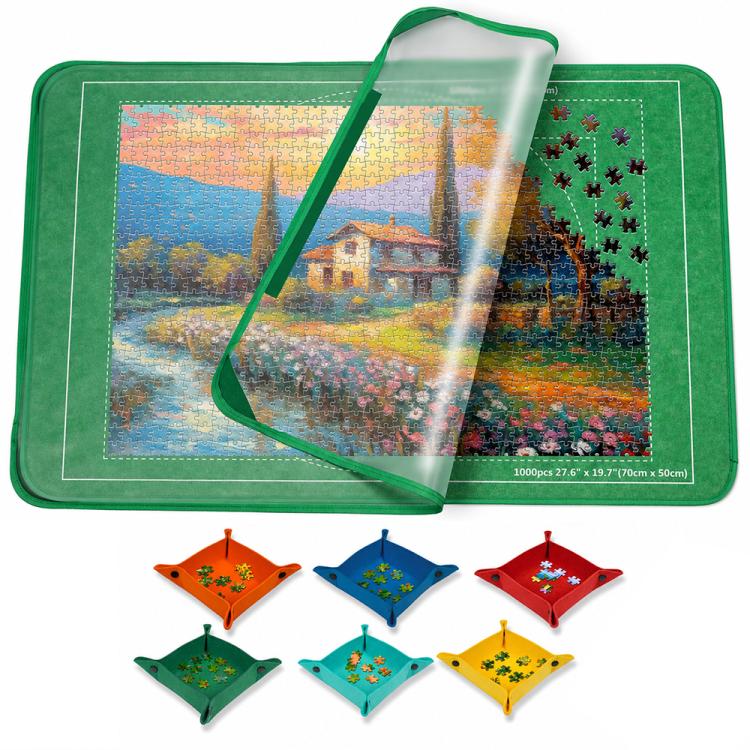 Foldable green puzzle mat with landscape jigsaw print, open with carry strap and small sorting trays