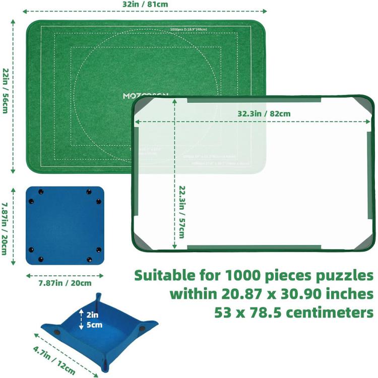 Green foldable puzzle mat with size diagram, plus included corner stand and puzzle piece tray