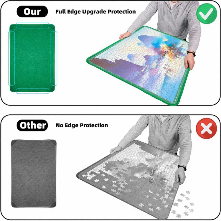 Foldable green puzzle mat showing full-edge upgrade protection compared to no-edge protection
