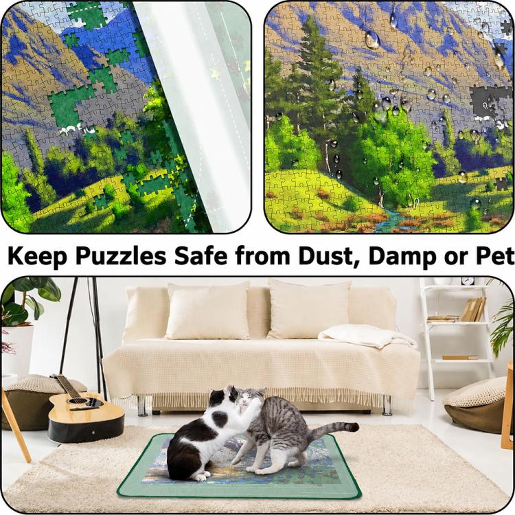Green puzzle mat with colorful jigsaw print, with pet on it for dust and damp protection