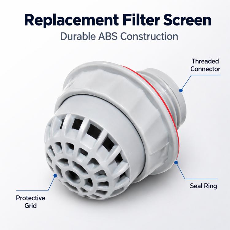 Grey replacement filter screen with protective grid, threaded connector, and red seal ring