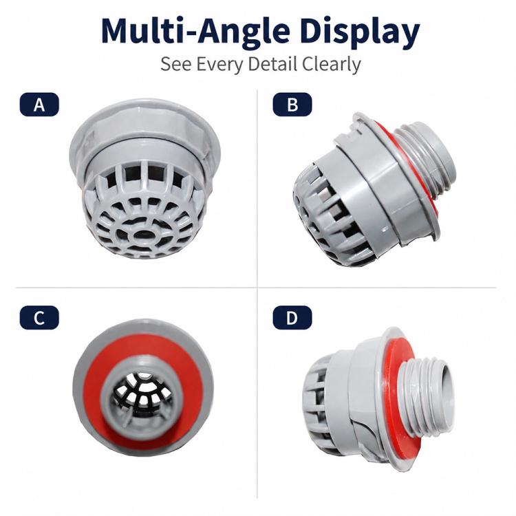 Replacement filter screen shown from multiple angles, with grey housing and red seal