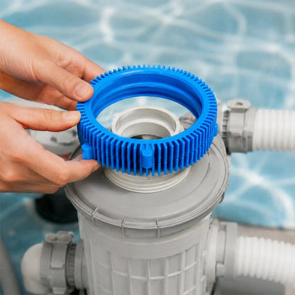Blue pool cleaner front tire belt ring with gear teeth and center hub