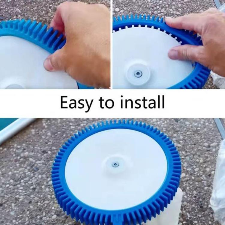 Blue tire belt ring being installed on a pool cleaner wheel base