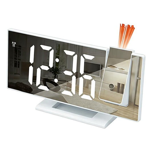 White shell mirror projection digital alarm clock with large white LED time display
