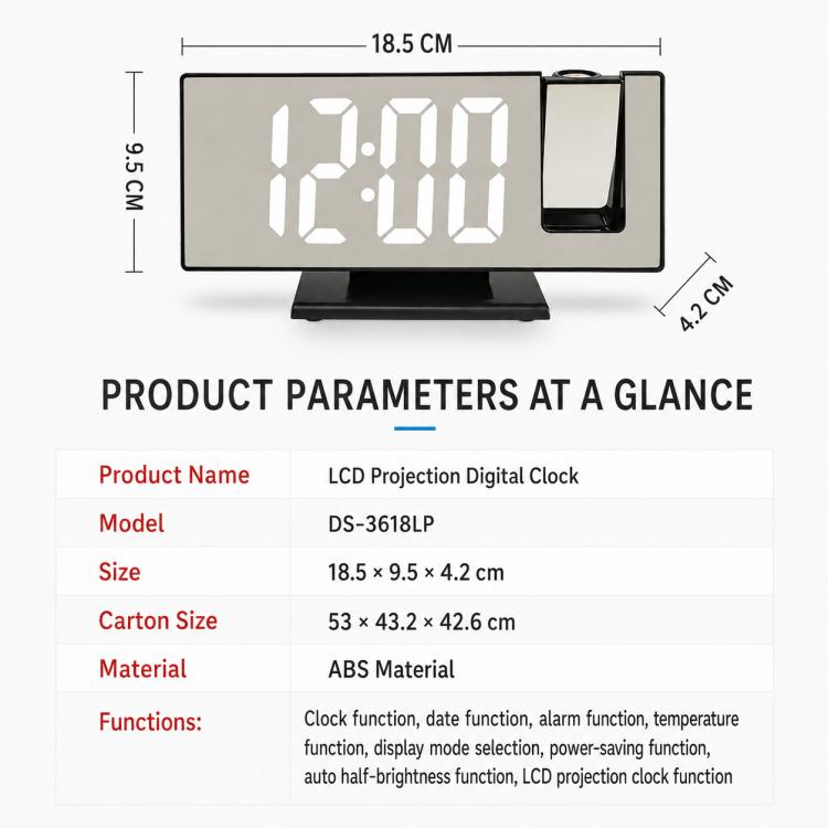 DS-3618LP LED Mirror Projection Electronic Clock Multifunctional Large Display Digital Alarm Clock
