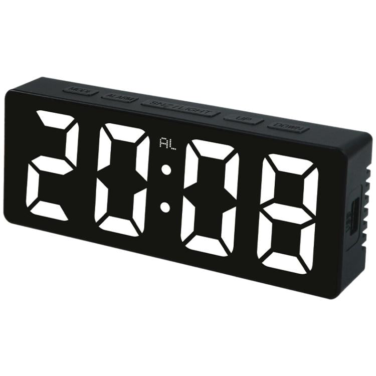 LED digital alarm clock with white 5-digit display on black housing