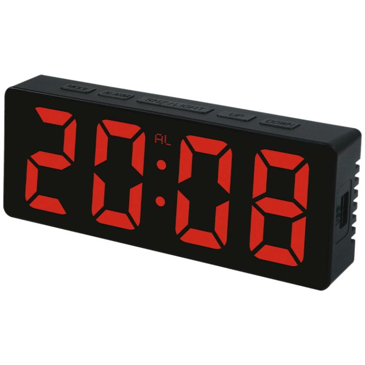 LED digital alarm clock with red 5-digit display on black housing