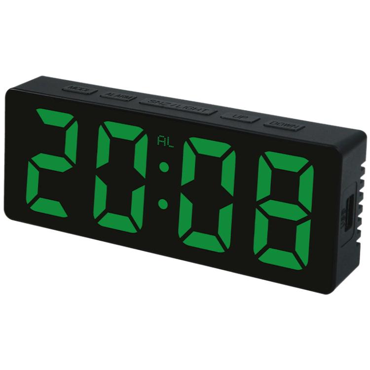 LED digital alarm clock with green 5-digit display on black housing