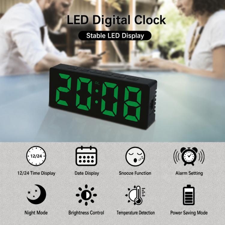 LED digital clock with green time display on a tabletop, black housing