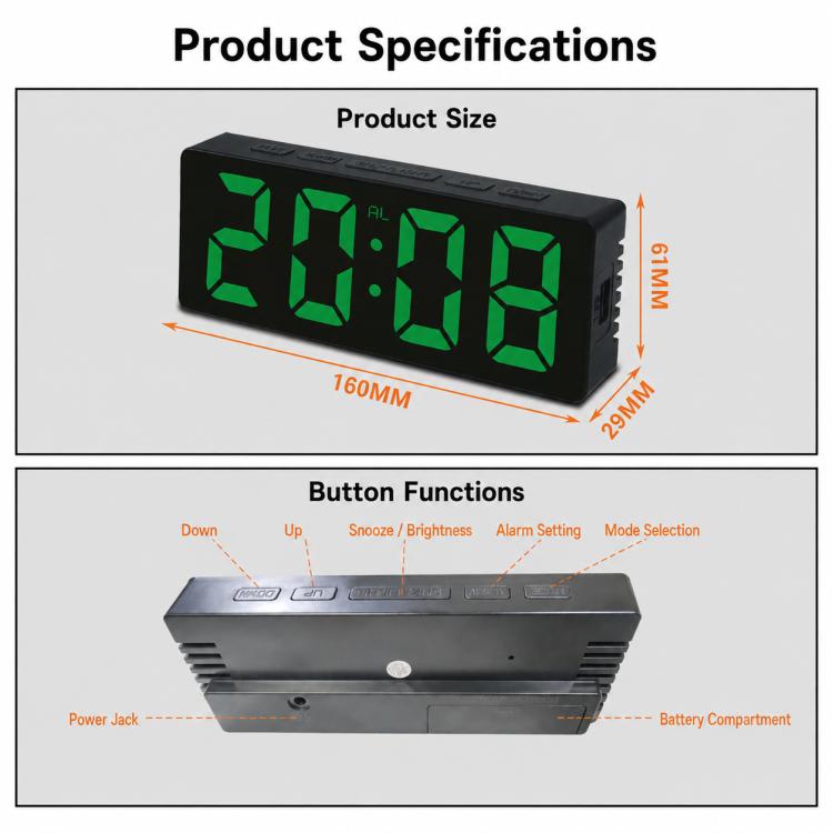 LED digital clock showing green digits with size and button layout diagram