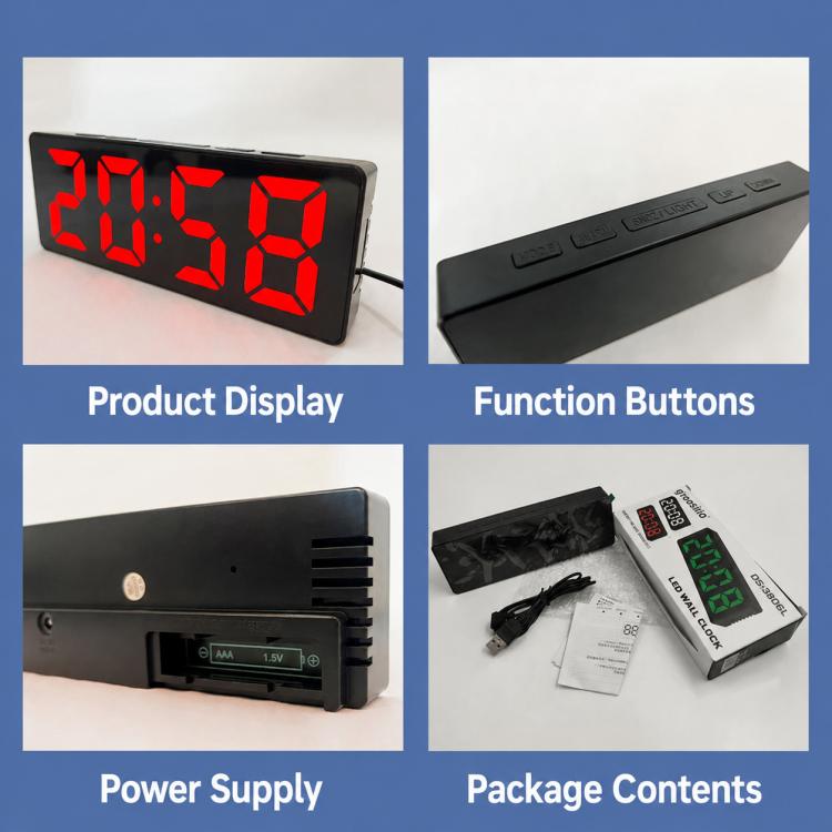 LED digital clock details: display, function buttons, power supply, and package contents