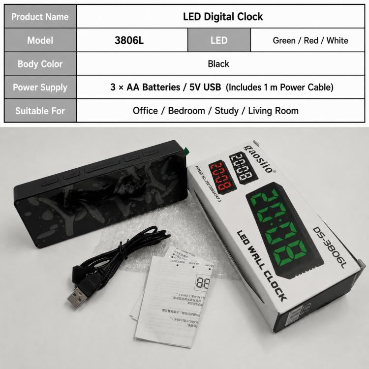 LED digital clock with green display shown with box, cable, and manual