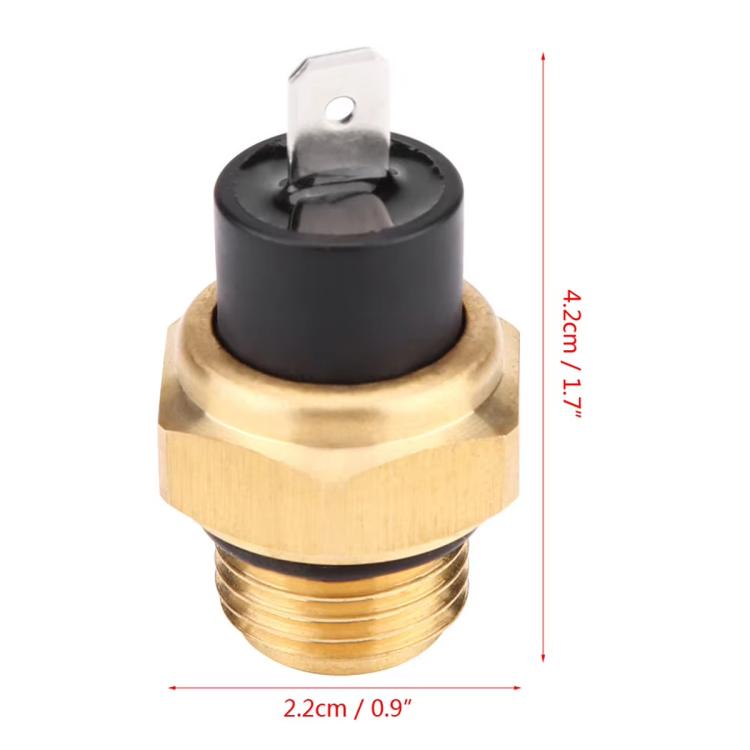 Brass temperature switch sensor with black cap; size markings shown