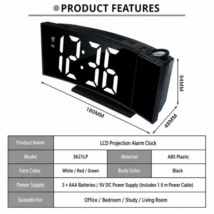 DS-3621LP Multifunctional Alarm Clock, 180 Degree Rotating Projection LED Display Electronic Clock