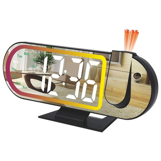 RGB LED mirror projection alarm clock with green digital display and mirror glass panel