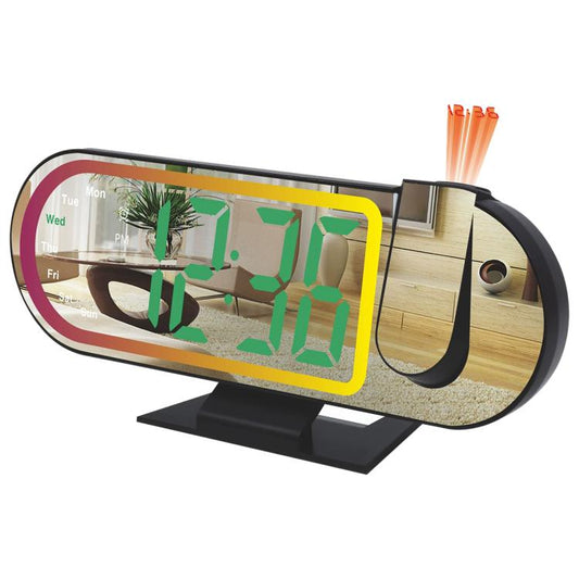 RGB LED mirror projection alarm clock with green digital display on mirrored screen