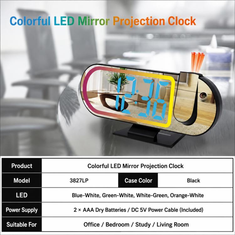 DS-3827LP LED Display Electronic Alarm Clock, RGB Ambient Light Mirror Projection Digital Clock