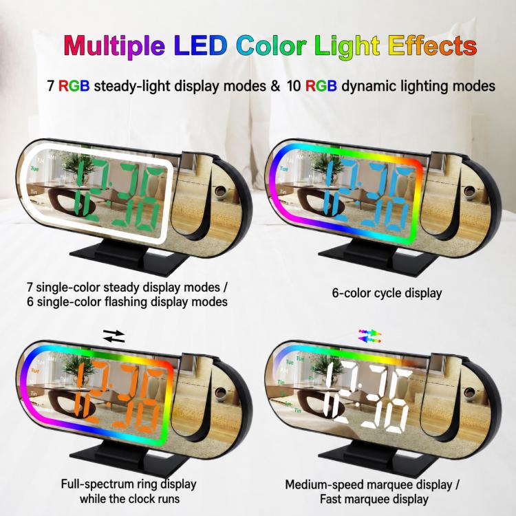 DS-3827LP LED Display Electronic Alarm Clock, RGB Ambient Light Mirror Projection Digital Clock