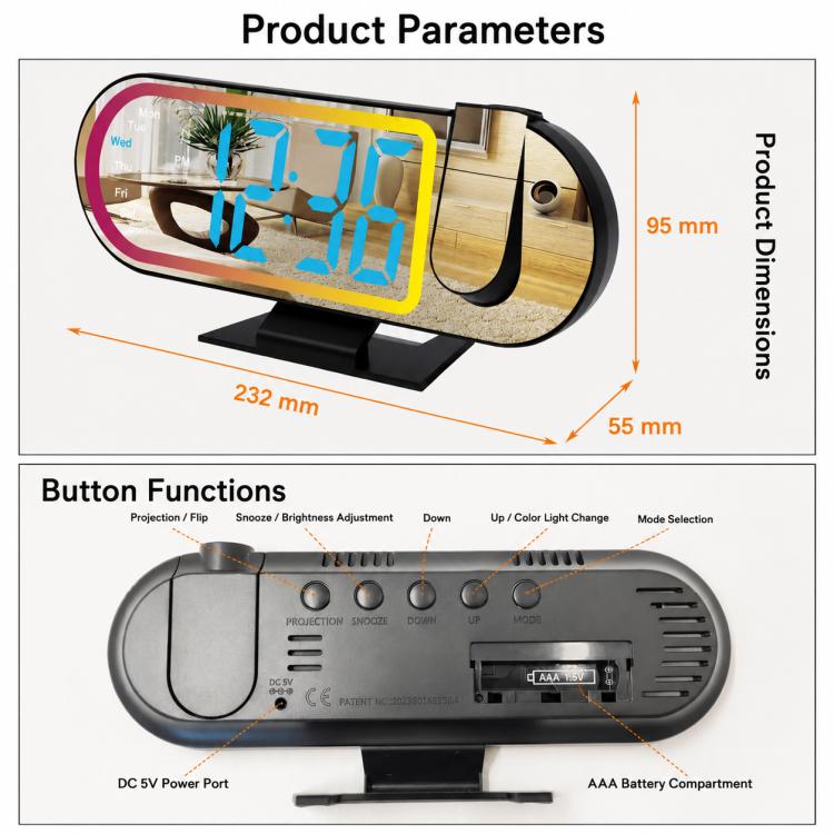 DS-3827LP LED Display Electronic Alarm Clock, RGB Ambient Light Mirror Projection Digital Clock