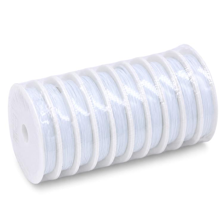 Beading wire spool with white coils wound on a white plastic roll