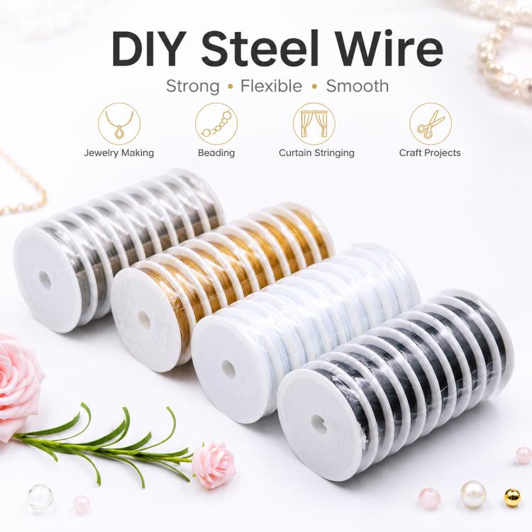 Set of beading wire spools: silver, gold, white, and black coils on rolls