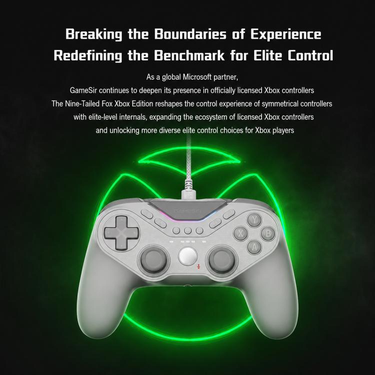 Wired white game controller with RGB ring lights around grips and center light bar