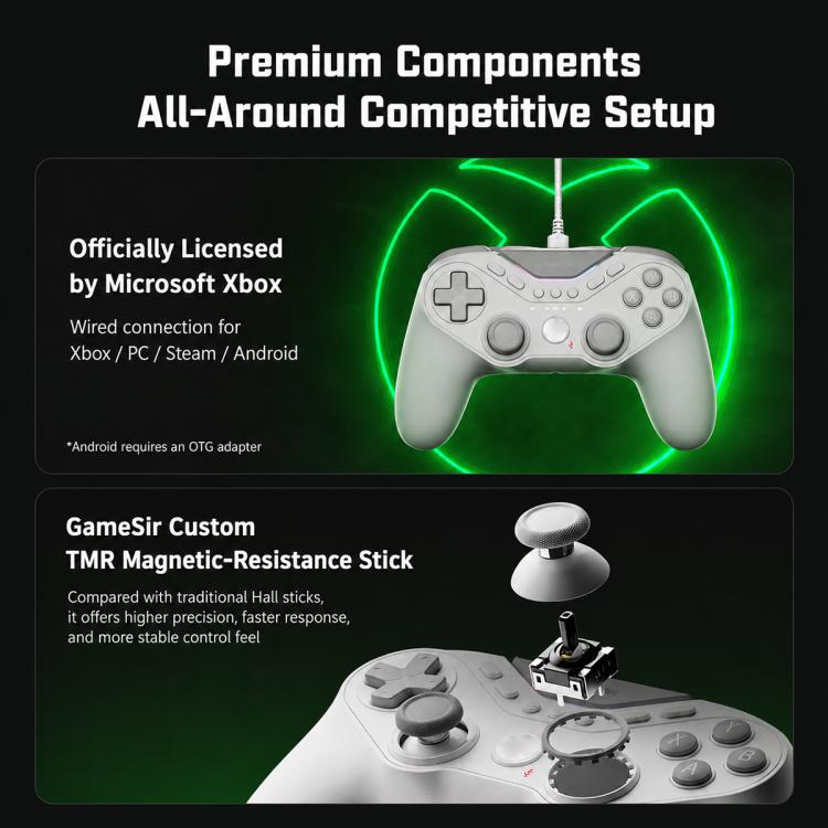 Wired white Xbox-style controller with illuminated RGB glow and textured grips