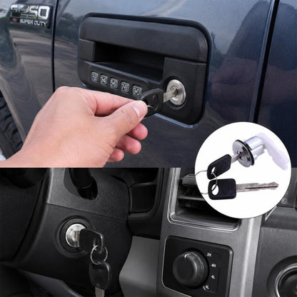Ignition switch and door lock cylinder with keys, shown for car door installation