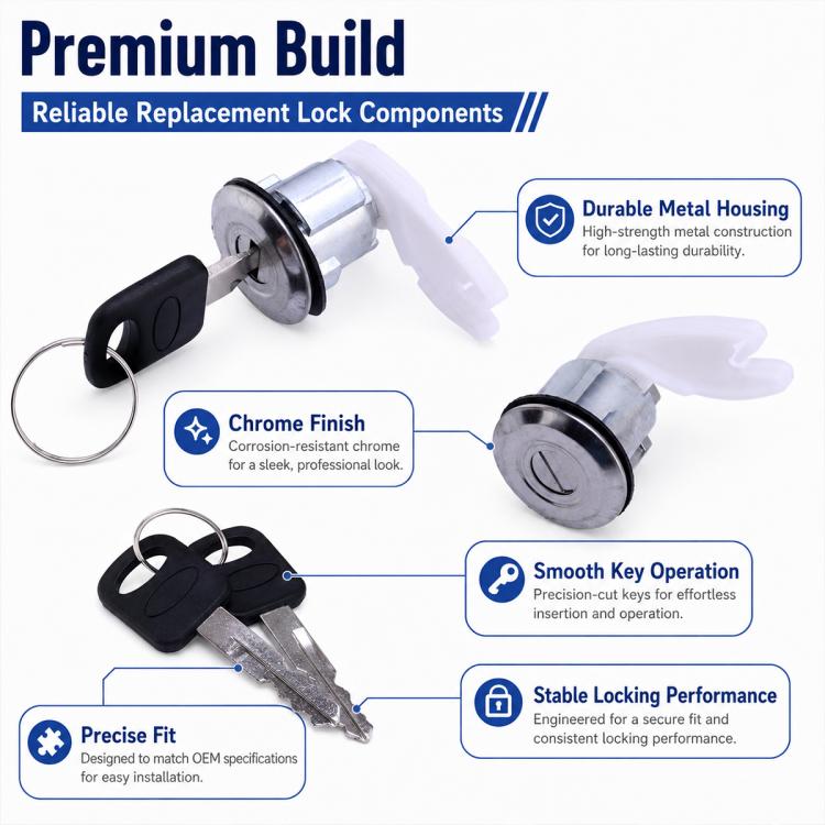 Lock cylinder set with keys, chrome metal housing and smooth key operation