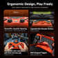 Ergonomic orange wired game controller with black thumbsticks, triggers, and textured grip