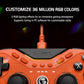 Orange wired controller close-up with textured grips and glowing RGB-style lighting