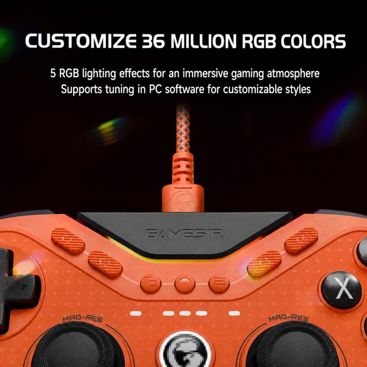 Orange wired controller close-up with textured grips and glowing RGB-style lighting
