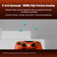 Orange wired game controller with thumbsticks and ABXY buttons on a white stand
