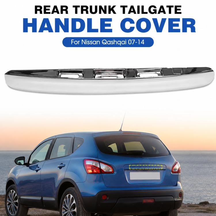 Rear tailgate handle cover installed on a blue car trunk, chrome finish visible.