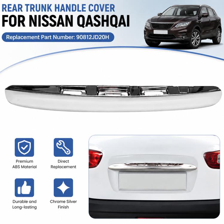 Chrome rear trunk handle cover with black trim, shown over a dark rear bumper area.