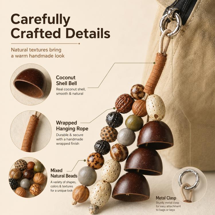 Natural bead bag charm components with shell bells, wrapped cord, and metal clasp