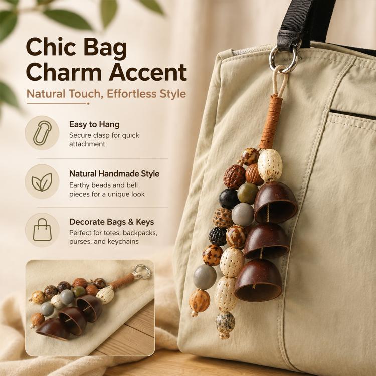 Natural bead bag charm accent with hanging bell pieces and metal key ring