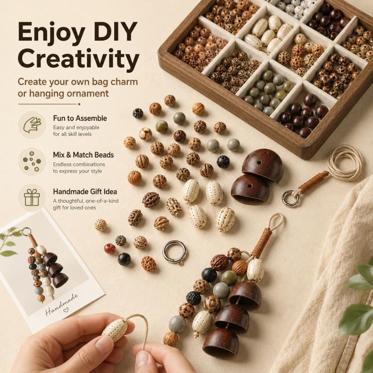 DIY natural bead kit with bell charm, seed beads, cord, and metal ring pieces