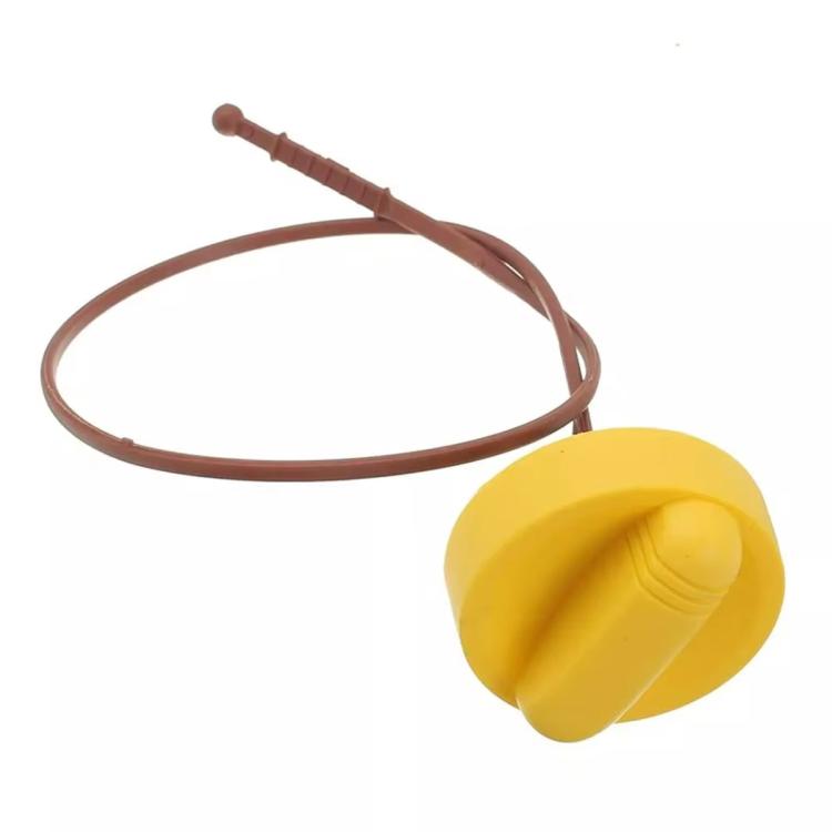 Engine oil dipstick with yellow cap, brown cord and probe tip