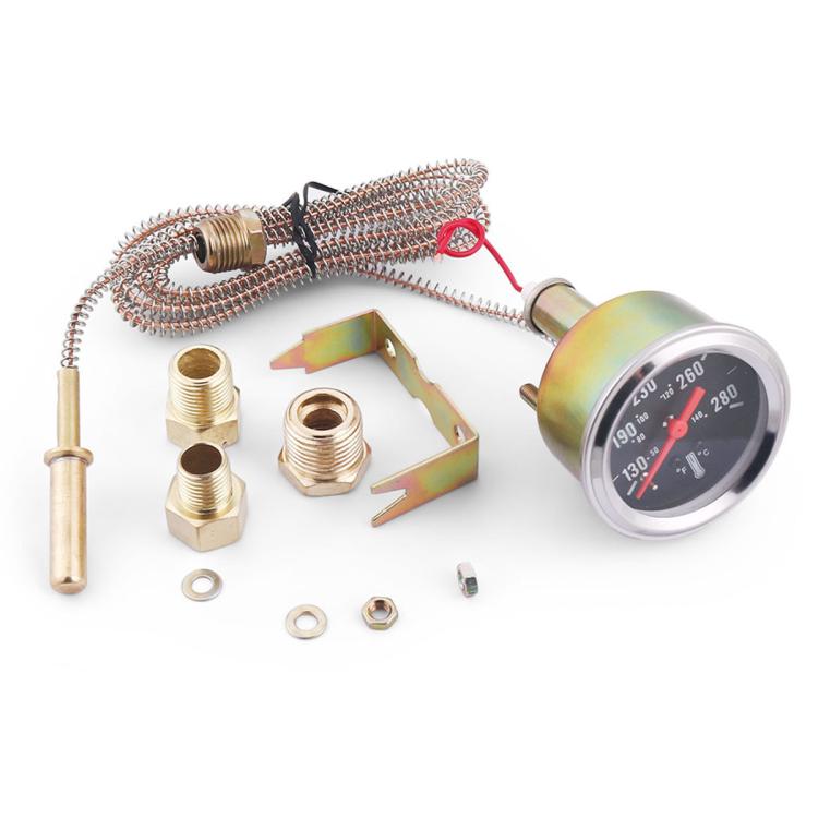 Dual water temperature gauge kit with braided capillary tube, brass adapters, and bracket.