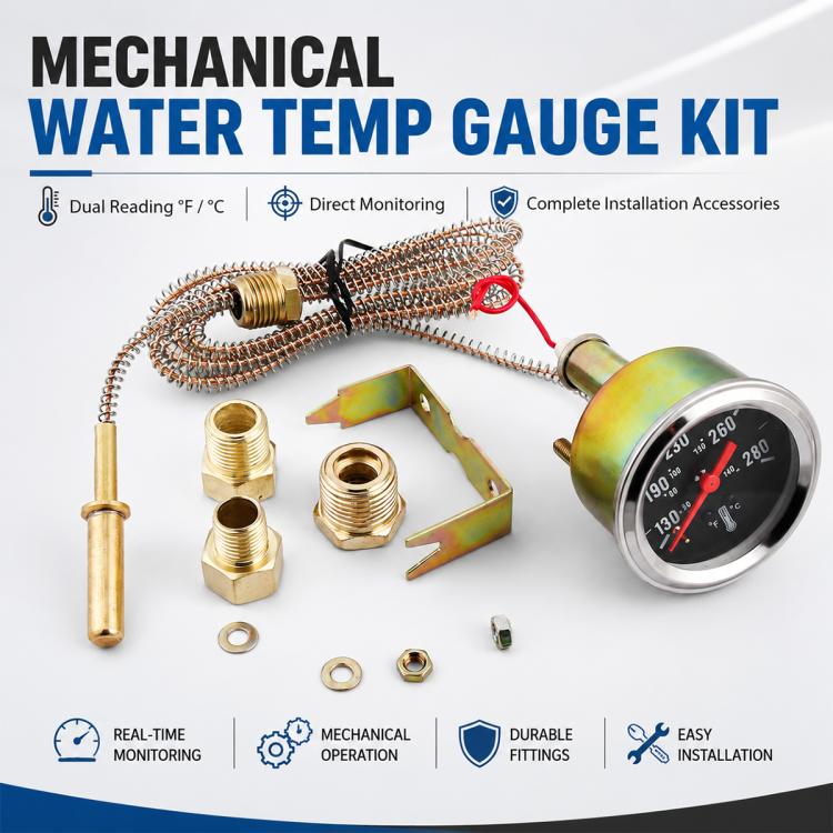 Car water temperature gauge kit with round gauge, braided tube, and brass fitting hardware.