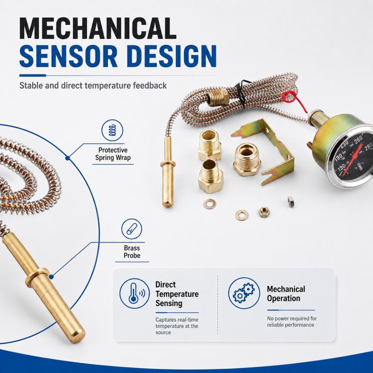 Mechanical water temperature sensor design kit with brass probe, braided protective spring, and gauge.