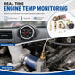 Engine temperature monitoring gauge set with dashboard gauge, sensor probe, and brass adapters.